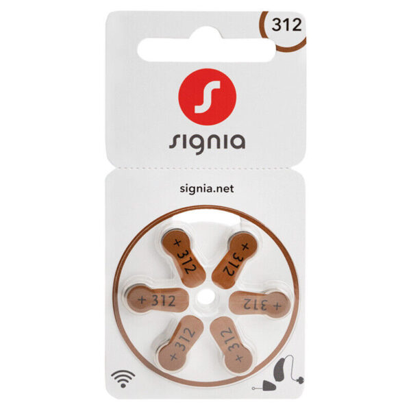 Signia 312 Size Hearing aid batteries 1.45v Zinc air Mercury free x 6 cells Strip